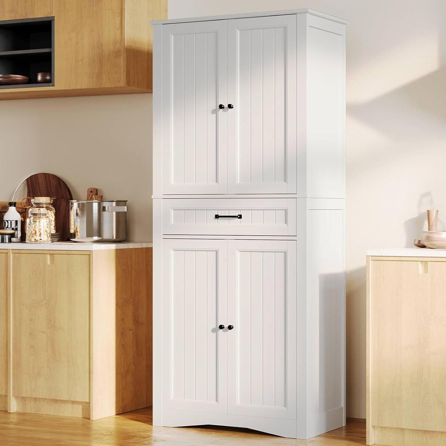 Gizoon 71'' Kitchen Pantry Storage Cabinet, Freestanding Pantry Organizers and Storage Cabinet with 4 Doors and 4 Adjustable Shelves, Tall Cabinet with Large Drawer for Kitchen, Living Room, Bathroom