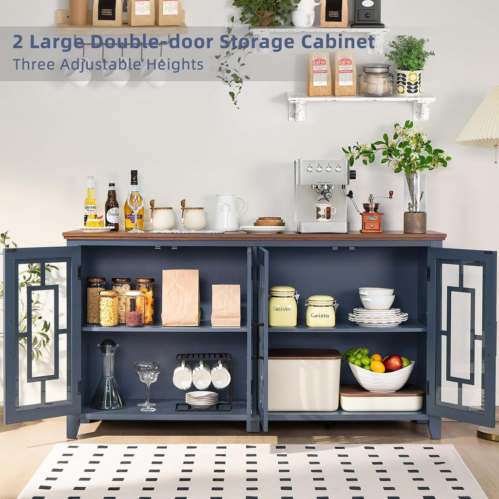 Joaxswe Large Sideboard Buffet Cabinet with Storage, 63' Farmhouse Navy Blue Kitchen Coffee Wine Bar Cabinet with 4 Glass Doors, Mid Century Modern Wood Side Board Table for Dining Room, Living Room