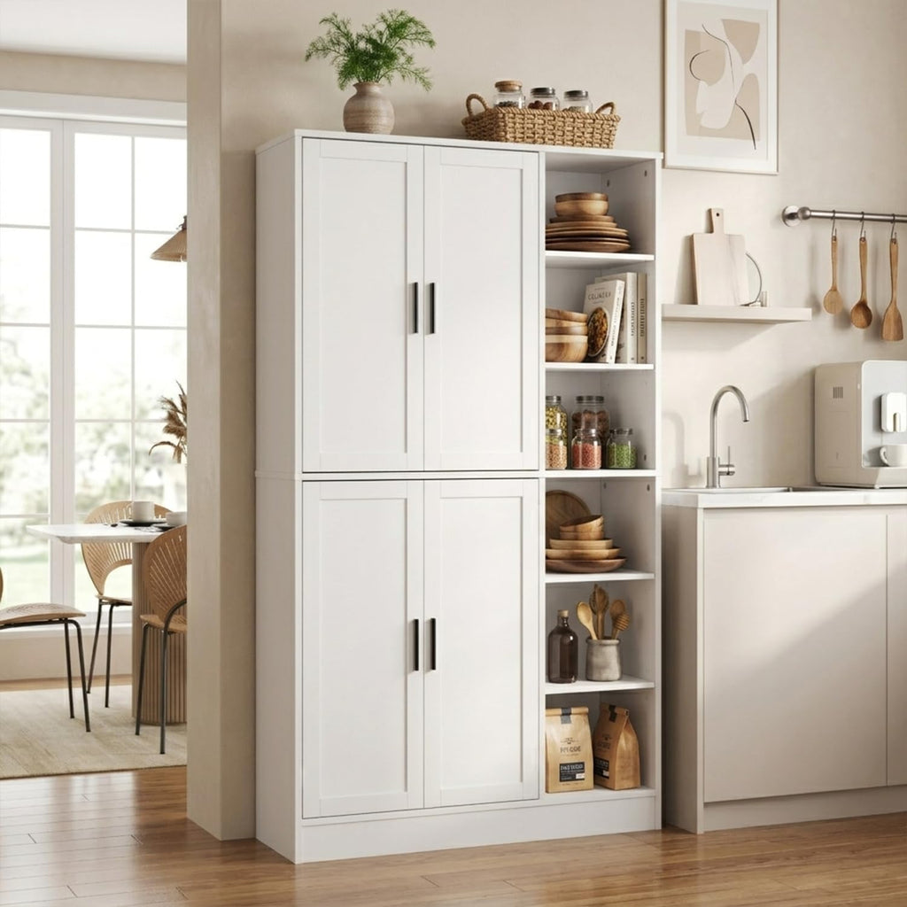 holzart 63' Tall Kitchen Pantry Cabinet, Freestanding Dining Room Storage Hutch with 4 Doors and Adjustable Shelves, Modern Utility Cupboard for Coffee Bar and Microwave, White