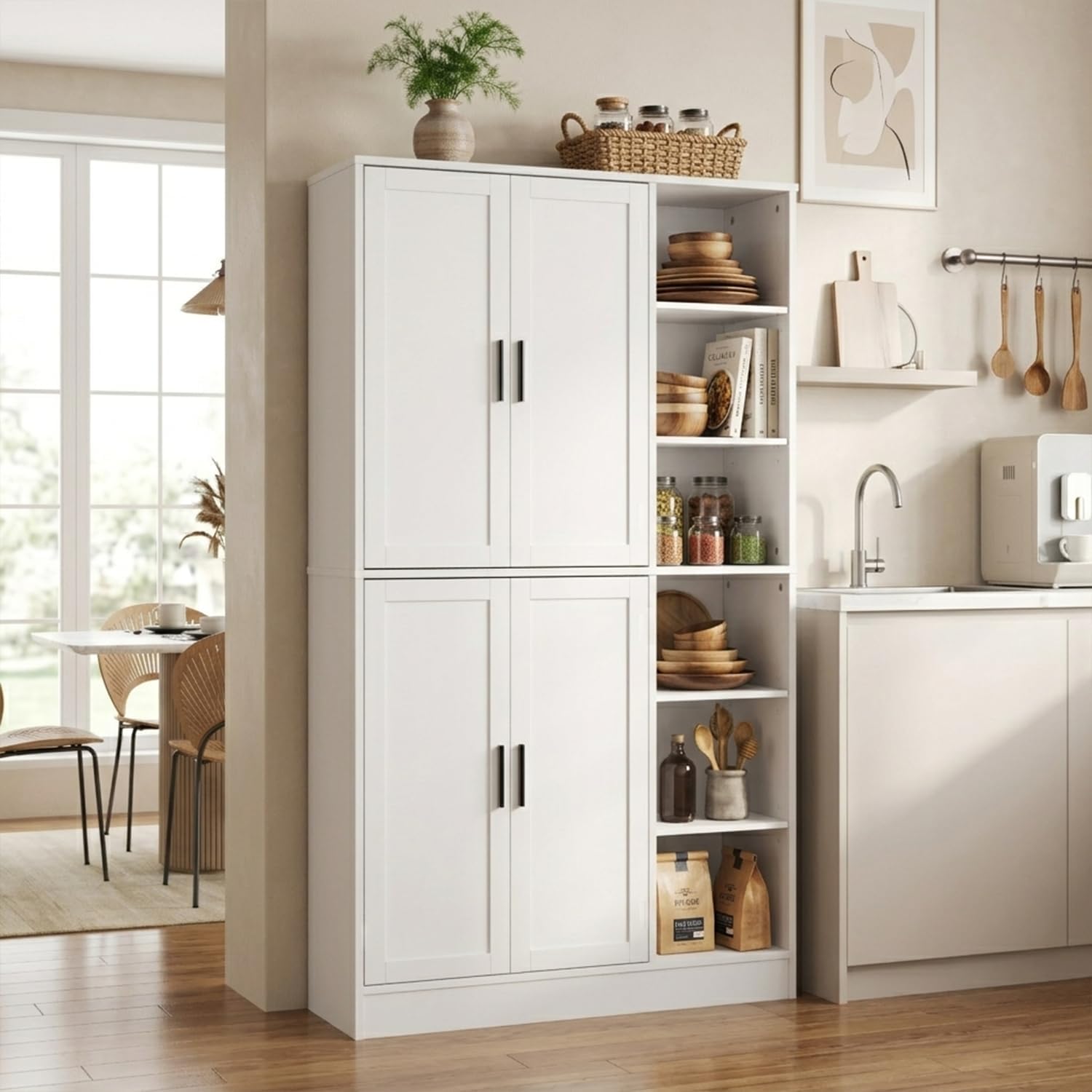 holzart 63' Tall Kitchen Pantry Cabinet, Freestanding Dining Room Storage Hutch with 4 Doors and Adjustable Shelves, Modern Utility Cupboard for Coffee Bar and Microwave, White