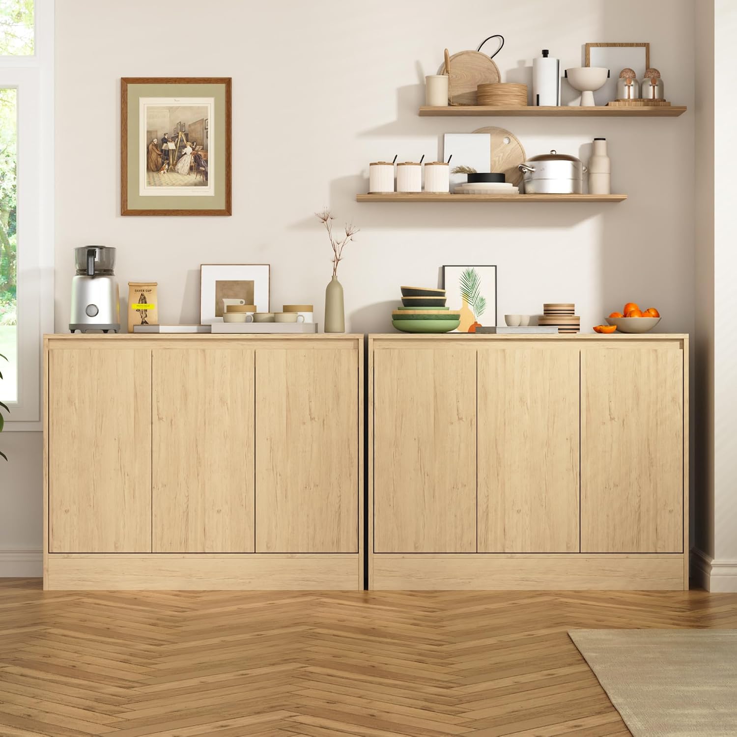 Housoul Buffet Cabinet with Storage, Coffee Bar Cabinet with 3 Doors and Adjustable Shelf, Modern Kitchen Buffet Sideboard for Living Room, Kitchen, Natural