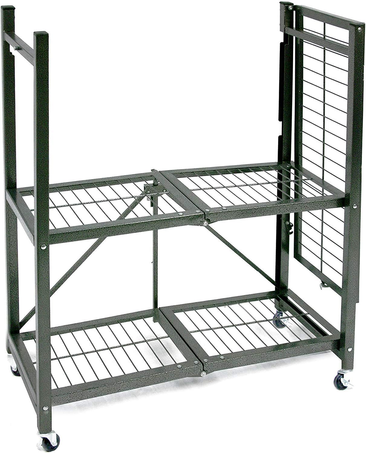 Origami 2 Pack 3 Tier Folding Shelves, Storage Shelving Rack Unit with Wheels, Pewter