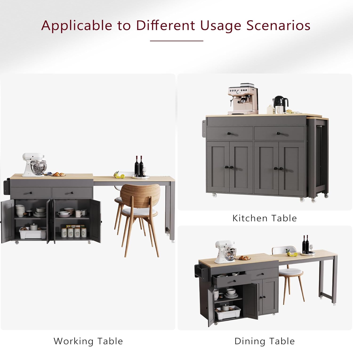 74.5' Rolling Kitchen Island with Extendable Dining Table, Storage Cart on Wheels with 2 Drawers, Spice Rack, 4 Door Cabinet for Kitchen, Dining Room, Grey