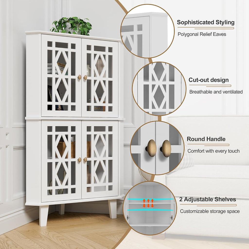 Scurrty Tall Corner Shelf Stand, Large Shelf Corner Table Sideboard Cabinet with 4 Doors and 4-Tier Shelves, Free-Standing Storage Organizer for Living Room, Dining Room & Bathroom (White)