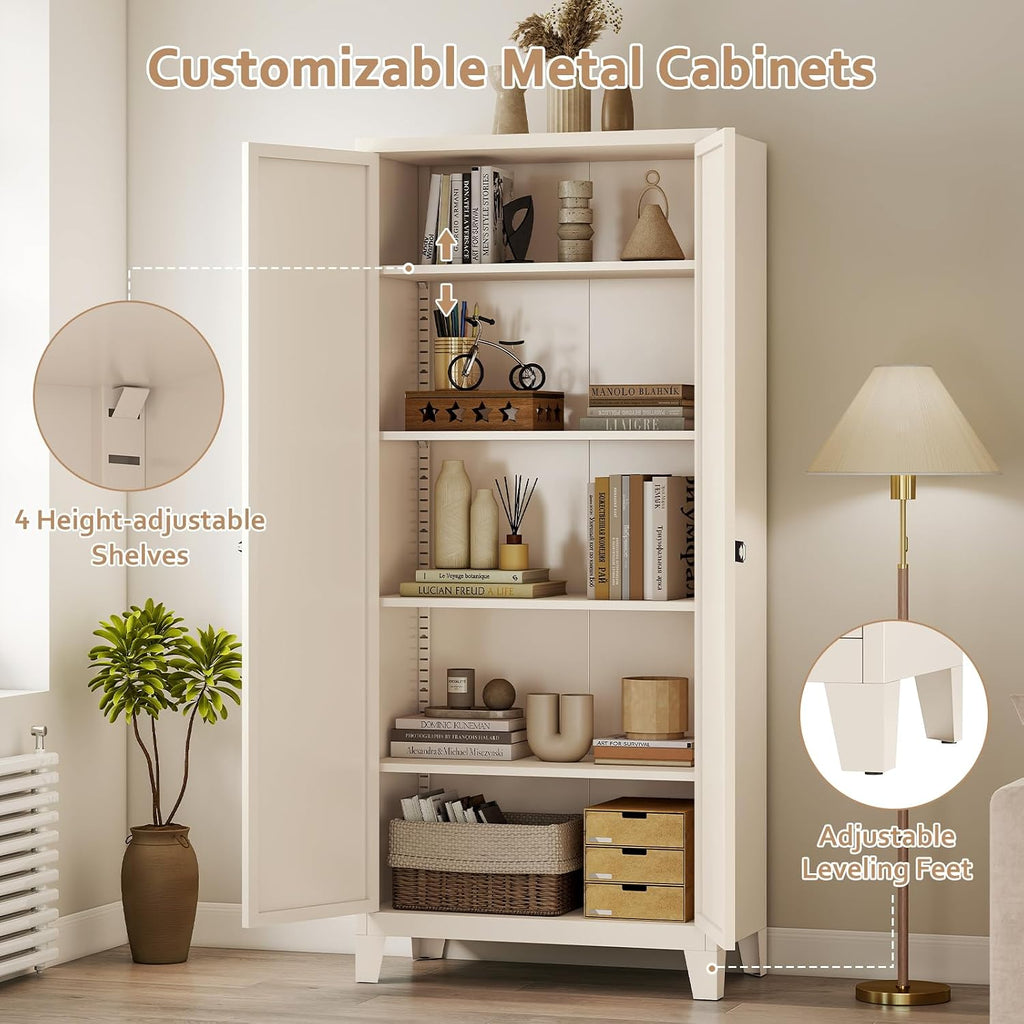 Zevemomo 71' Tall Metal Locking Cabinet with 4 Adjustable Shelves & 2 Doors, Steel Lockable Cabinet with 3-Digit Combination Lock, Secure Metal Pantry Cabinet for Home, Office, Garage, Beige