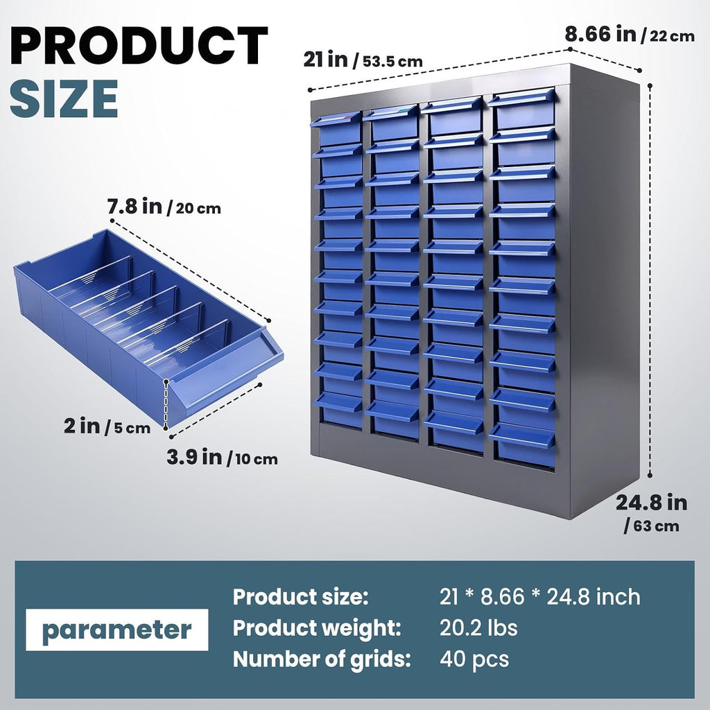 40 Drawers Parts Cabinet, Heavy Duty Nut and Bolt Organizer with ABS Material Drawers, Metal Frame Bolt Organizer Storage in Garage and Workshop