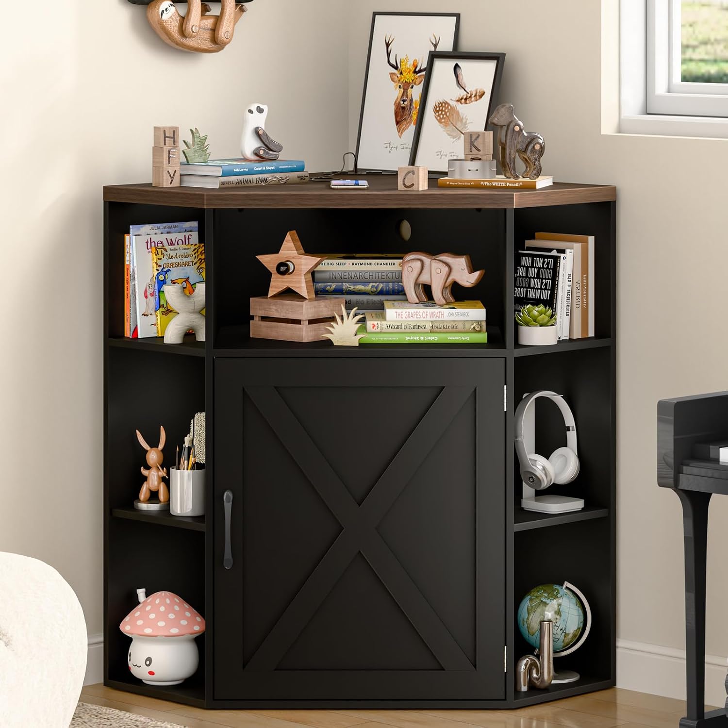 Vabches Corner Cabinet, Corner Storage Shelf with USB Ports and Outlets Industrial Organizer for Small Space Wooden 6-Cubby Bookshelf for Study, Playroom, Living Room (Black and Brown)