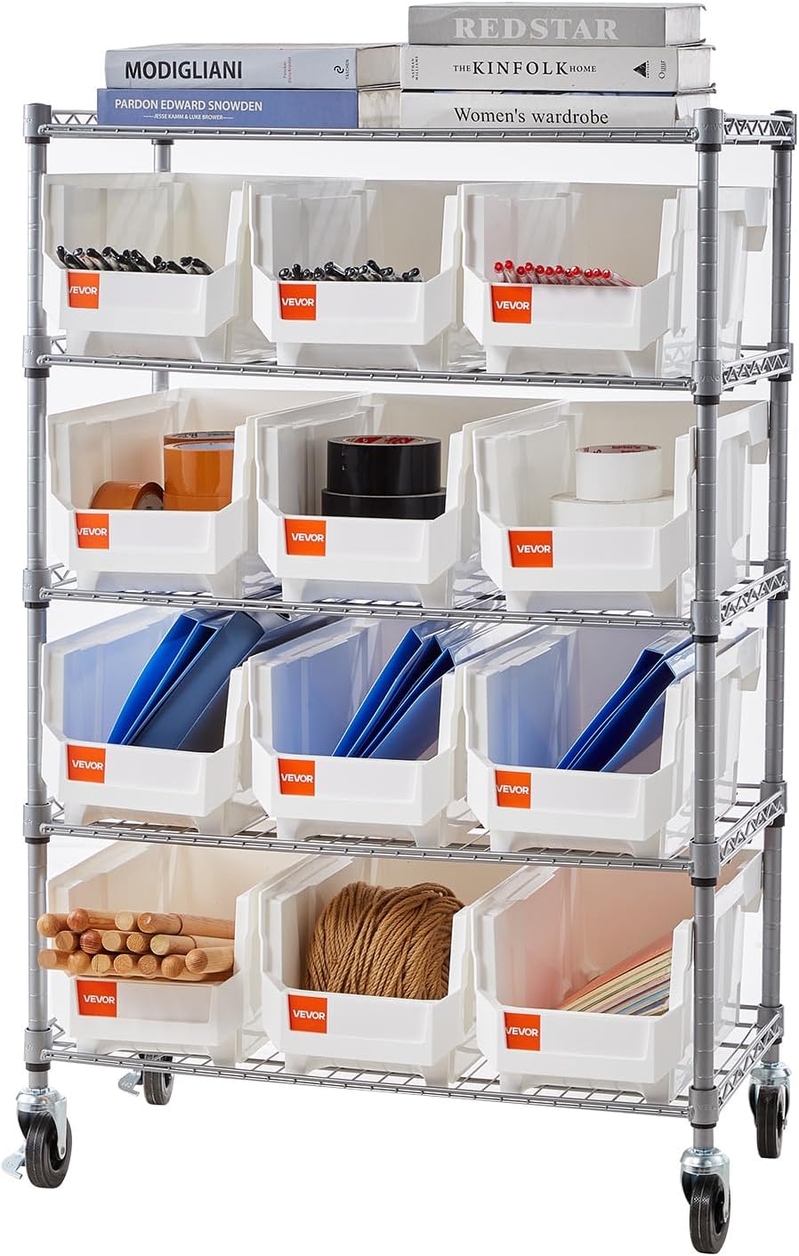 VEVOR 5-Tier Rolling Bin Storage Rack, 12 Organizer Bins, Bin Rack Storage Steel Wire Shelving System with Wheels, Mobile Tool Organizer for Garage, Warehouse, Office, Restaurant, Classroom, Kitchen