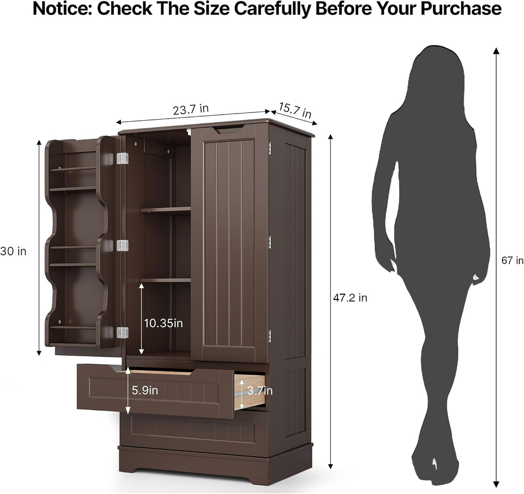 Gizoon Kitchen Pantry Cabinet with Drawers, 47' Small Food Pantry Storage Cabinet with 6 Door Shelves for Snack and Spice, Freestanding Craft Storage Cabinet for Craft Room, Dark Brown, Painted