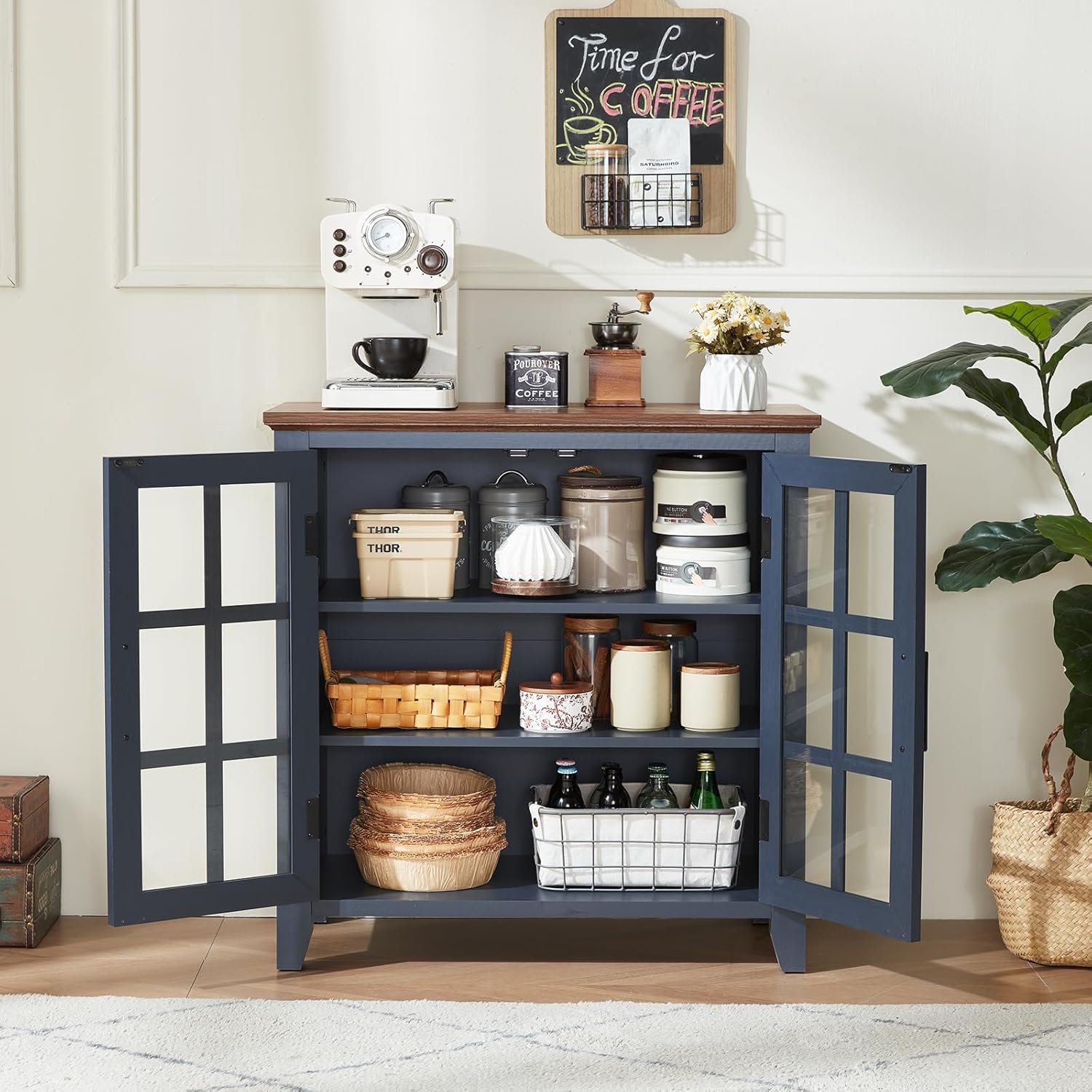 Joaxswe Large Sideboard Buffet Cabinet with Storage, 32' Farmhouse Kitchen Coffee Wine Bar Cabinet with 2 Glass Doors, Wood Mid Century Modern Side Board Table for Dining Room, Living Room, Navy Blue