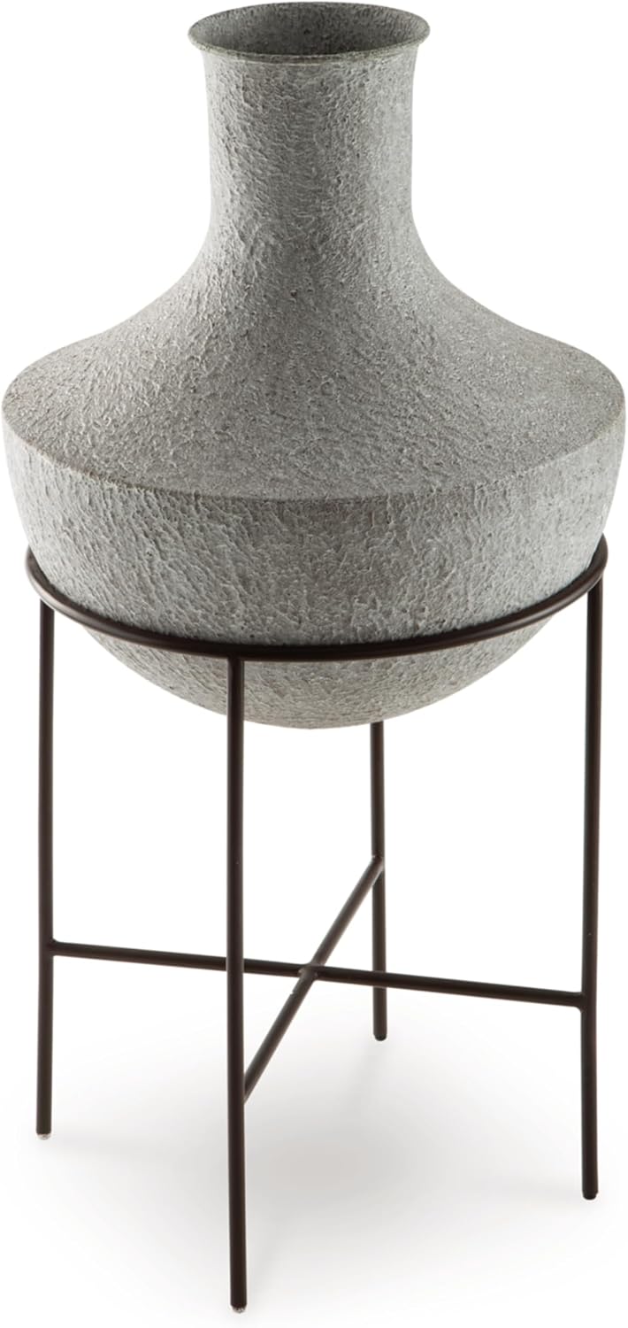 Signature Design by Ashley Estonbank Vase, Distressed Cream Metal Floor Vase with Espresso Brown Stand, for Faux Florals & Seasonal Indoor Outdoor Decor, 14.13' W x 14.13' D x 28.5' H