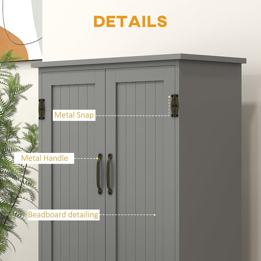 HOMCOM 48.5' Kitchen Pantry Cabinet with 2 Adjustable Shelves and 4 Beadboard Doors, Compact Farmhouse Kitchen Storage Cabinet for Dining Room, Gray
