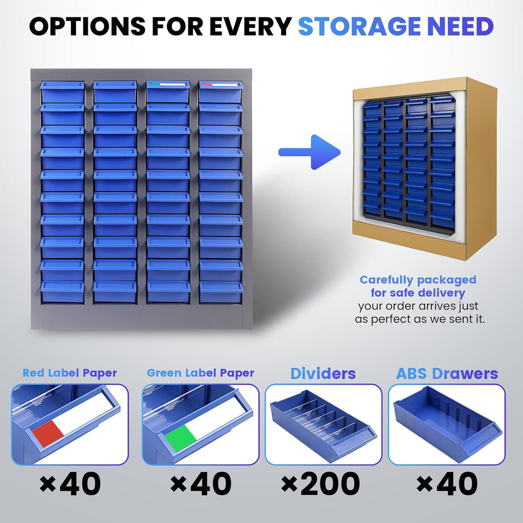 40-Drawer Metal Organizer, Garage Storage Cabinet for Nuts and Bolts, Heavy-Duty ABS Drawers with Alloy Steel Frame, Ideal for Workshop, Office & Home (40 Drawers)