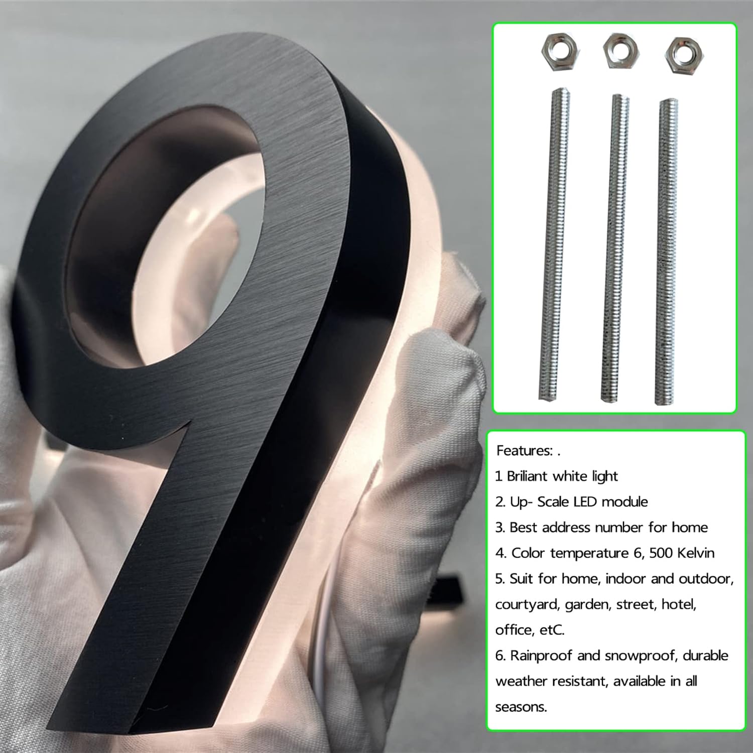 Backlit Lighed LED House Numbers, Black Finishes, Address Signs Lighted Plaque, Outdoor/Indoor, Modern, Low-Voltage, Weatherproof, Day & Night, White Light,20 Inch,3