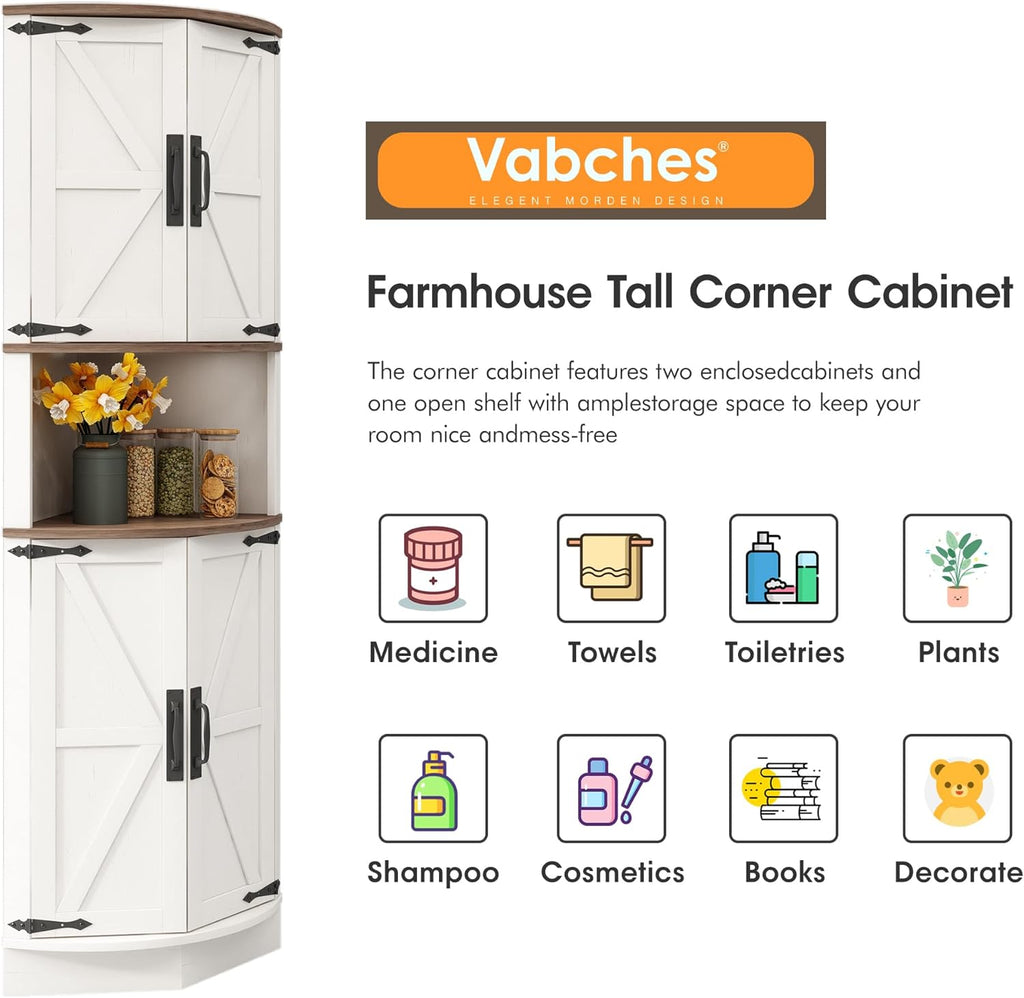 Vabches 64.8' Tall Farmhouse Corner Cabinet with 4 Doors and 5 Storage Shelves, Farmhouse Storage Cabinet with Barn Door Design, Home Space Saver for Living Room, Kitchen, Laundry Room,White
