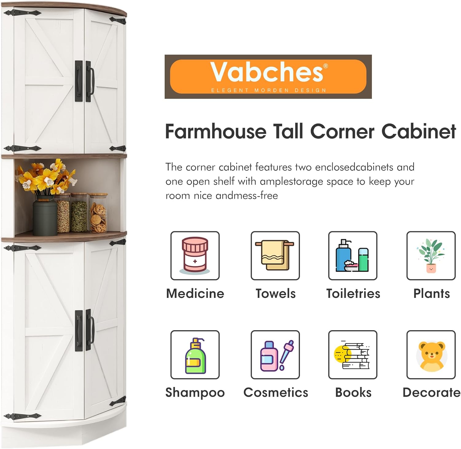 Vabches 64.8' Tall Farmhouse Corner Cabinet with 4 Doors and 5 Storage Shelves, Farmhouse Storage Cabinet with Barn Door Design, Home Space Saver for Living Room, Kitchen, Laundry Room,White