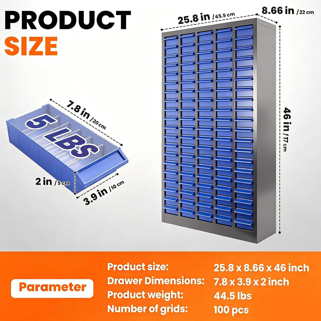 100-Drawer Nut and Bolt Organizer, 26'L X 9'W X 46'H Part Cabinet Bolt and Nut Tool Storage, Built-In Removable Partition, ABS Material Bolts Bin Tool for Workshop, Office