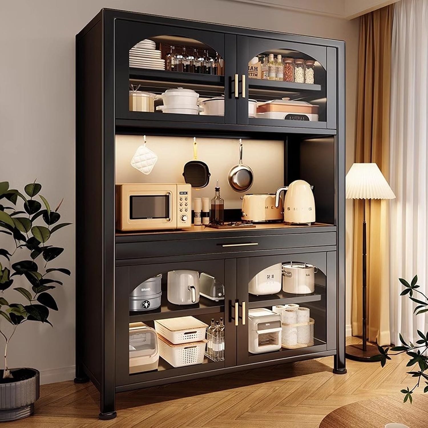 73' Bakers Rack Cabinet with Glass Doors, Tall Coffee Bar with Drawer and Adjustable Shelves, for Living Room, Dining Room, Kitchen, Entrance, Study