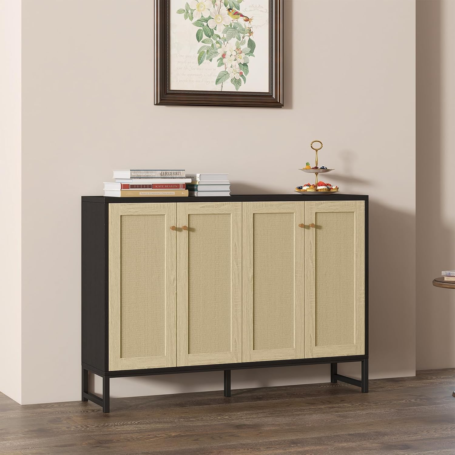 Panana Sideboard Accent Storage Cabinet with Rattan Decorated 4 Doors Dining Room Freestanding Kitchen Buffet Table Cupboard (Black)