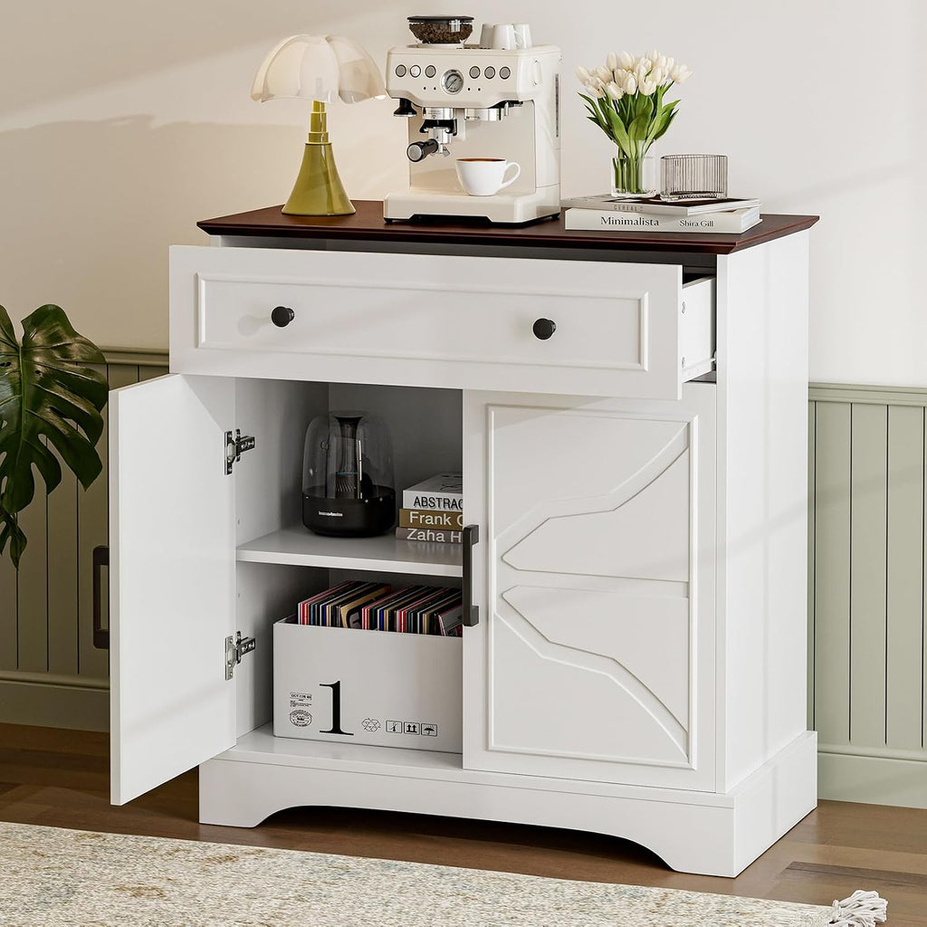 LCRBOL Buffet Cabinet with Storage, Coffee Bar with Drawer & Adjustable Shelf, Modern Sideboard for Kitchen, Living Room, White