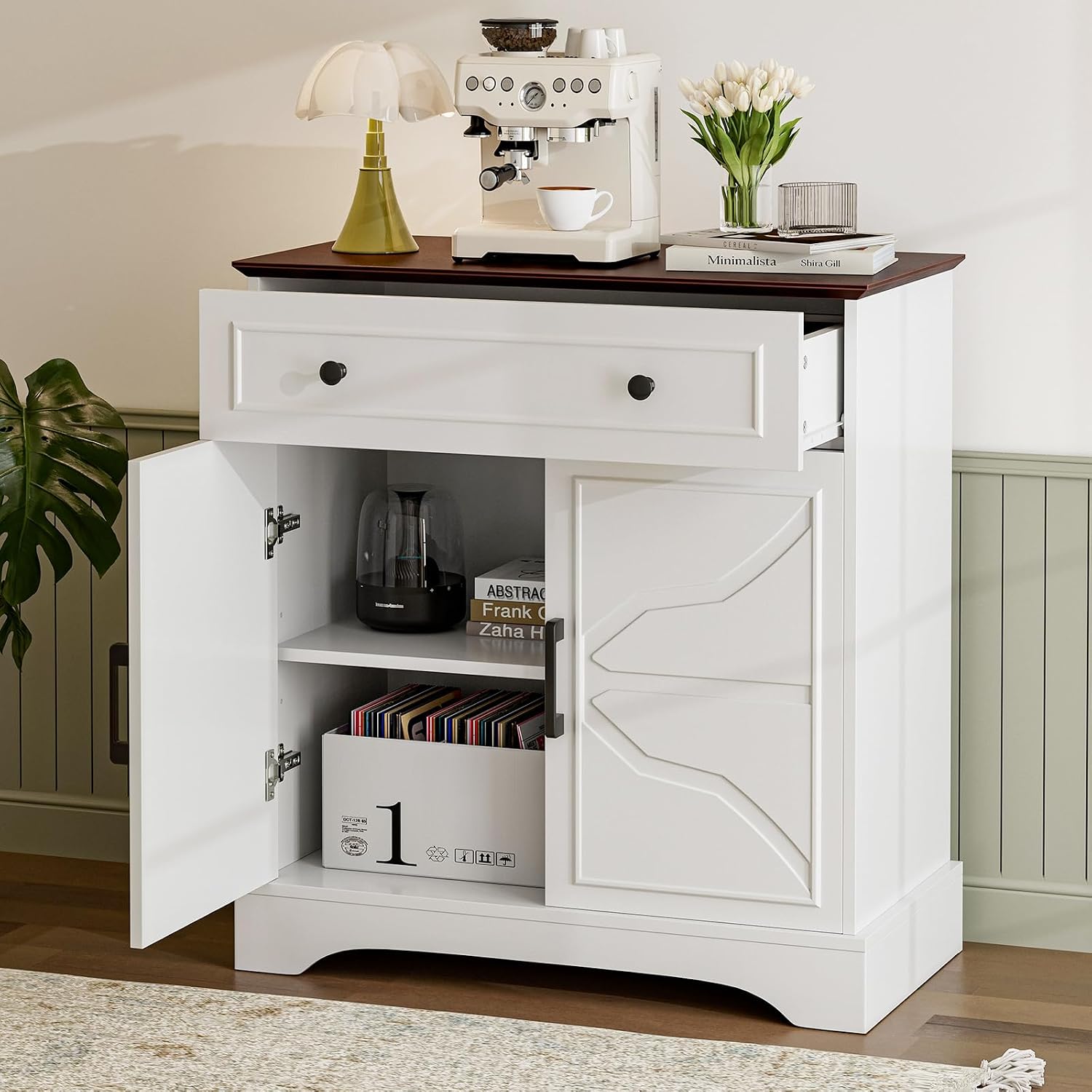 LCRBOL Buffet Cabinet with Storage, Coffee Bar with Drawer & Adjustable Shelf, Modern Sideboard for Kitchen, Living Room, White