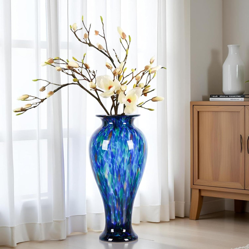 XMGZQ 20' Tall Glass Vases for Floor,Large Hand Blown Sea Glass Flowers Vase for Centerpieces,Jarrones Grandes para Sala Elegantes,for Bookshelf,Bathroom,Countertop,Indoor Office Desktop (Blue Green)