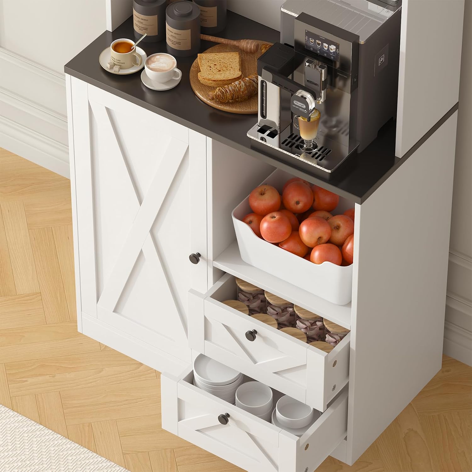71' Tall Coffee Bar Cabinet with Storage Hutch, Farmhouse Kitchen Pantry Cabinet with LED Lights Microwave Stand and Glass Holder for Home Dining Room Kitchen,White
