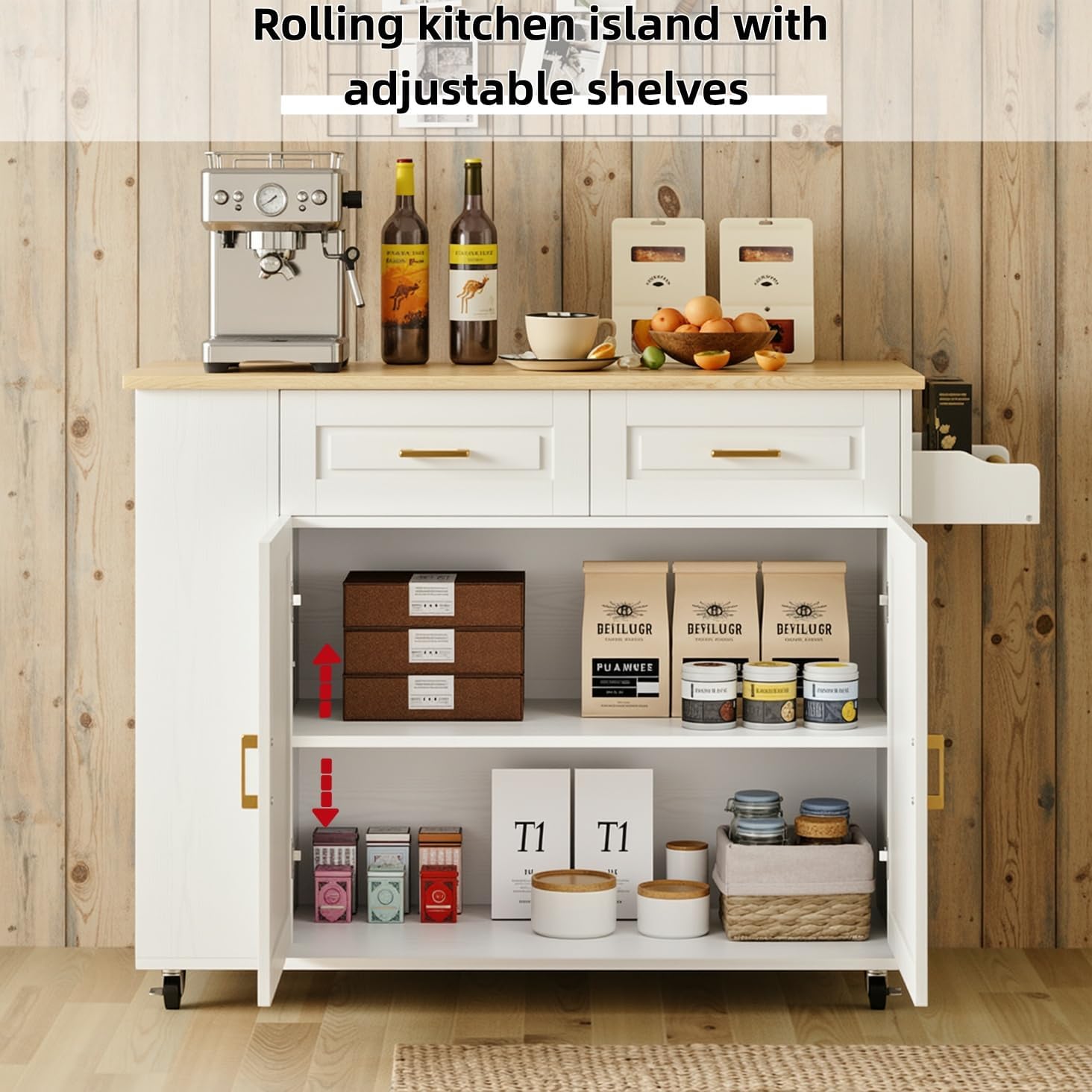 IRONCK Kitchen Island with Power Outlet & Drop Leaf, 47.2' Width Rolling Kitchen Island on Wheels with Storage, Mobile Kitchen Island Cart with Spice Rack, Open Shelves and Drawer, White