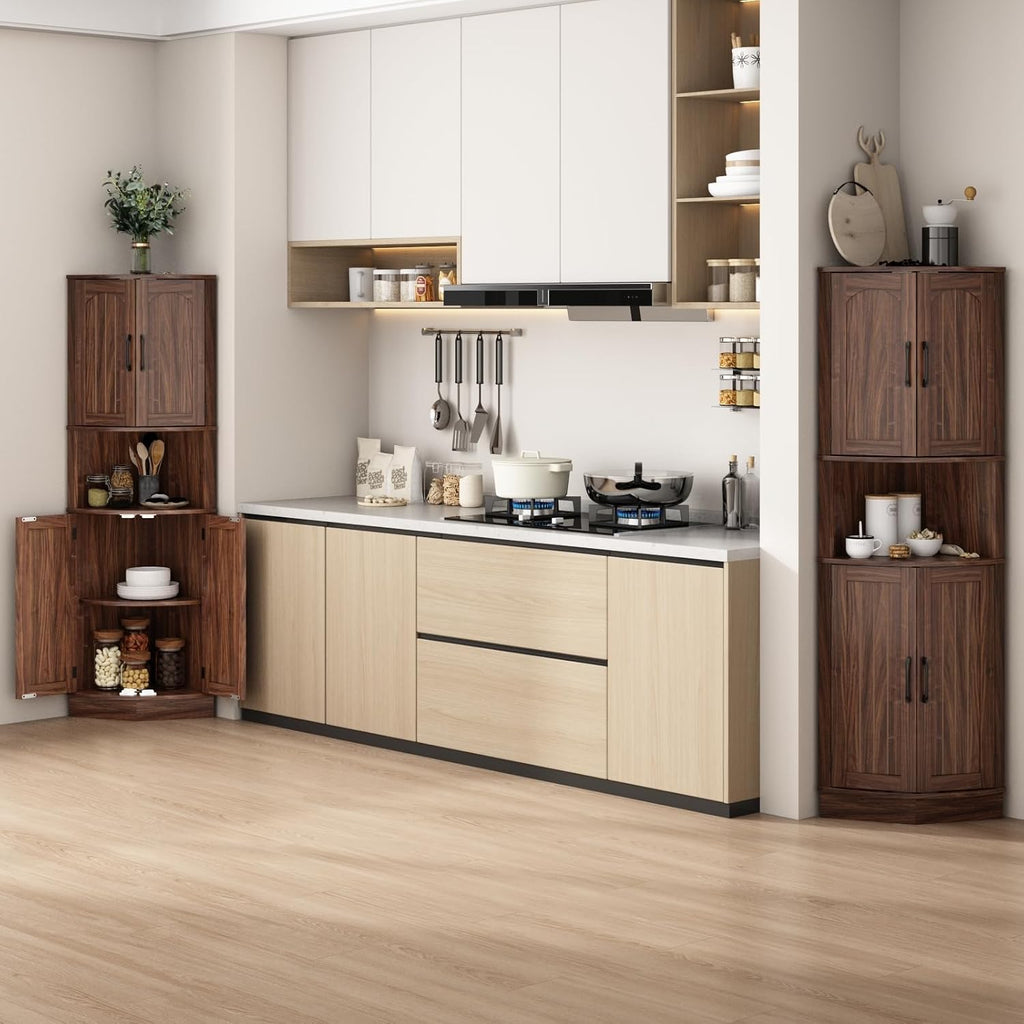 HOKYHOKY Tall Corner Cabinet, 64.7' Corner Storage Cabinet with 4 Doors and 5 Storage Shelves, Farmhouse Space Saver with Arched Door Design for Living Room, Kitchen, Bathroom, Office