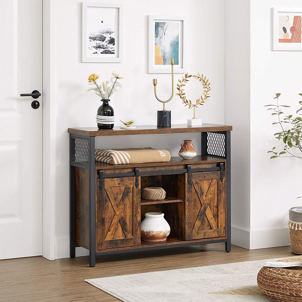 VASAGLE Buffet Cabinet, Coffee Bar Storage Cabinet, Sideboard with 2 Sliding Barn Doors, Adjustable Shelves, 13 x 39.4 x 31.5 Inches, for Living Room, Rustic Brown and Ink Black ULSC092B01