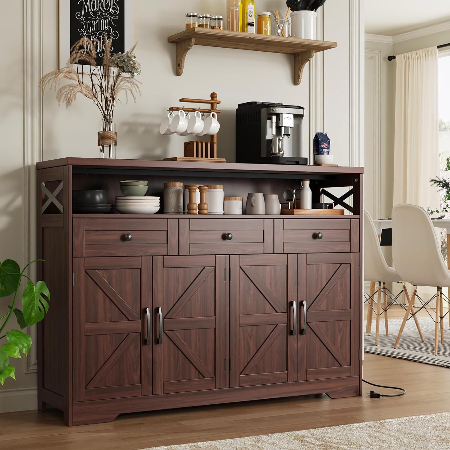 51' Dark Brown Buffet Sideboard Cabinet, Farmhouse Storage Cabinet Kitchen Pantry with Shelf and Drawers, Wood Cupboard Hutch Cabinet, Coffee Bar Station Table for Kitchen, Living Room, Dining Room