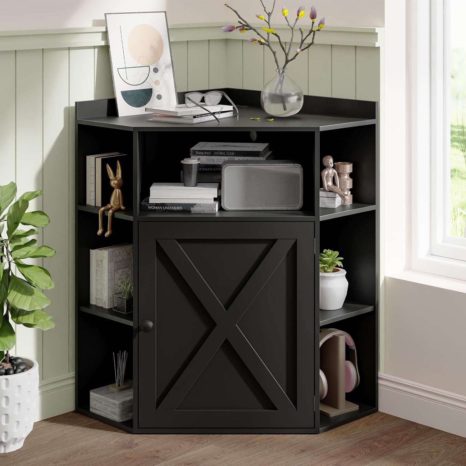 Vabches Corner Cabinet, Corner Storage Shelf with USB Ports and Outlets Industrial Organizer for Small Space Wooden 6-Cubby Bookshelf for Study, Playroom, Living Room (Black)
