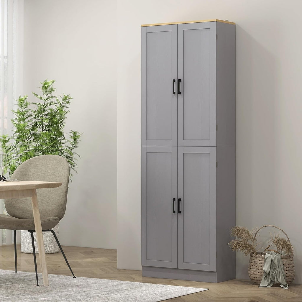 HOMCOM 67' Freestanding Kitchen Pantry, 4-Door Storage Cabinet Organizer with Adjustable Shelves, Kitchen Cabinet with Doors and Shelves, Distressed Gray