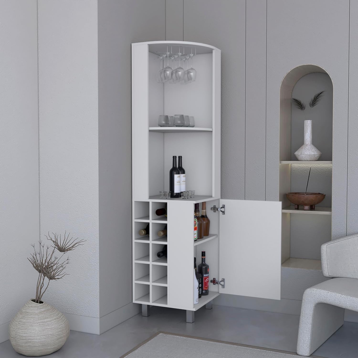 71' Corner Freestanding Storage Cabinet, Kitchen Storage Bakers Rack with 4 Shelves, Utility Food Cupboard with Stemware Rack, White