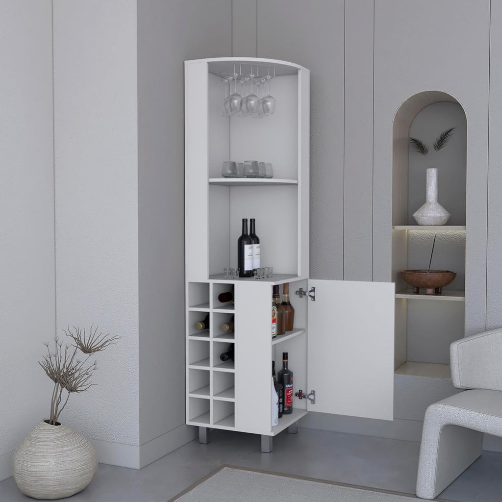 71' Corner Freestanding Storage Cabinet, Kitchen Storage Bakers Rack with 10 Wine Cubbies, Utility Food Cupboard with Cup Rack for Dining, White