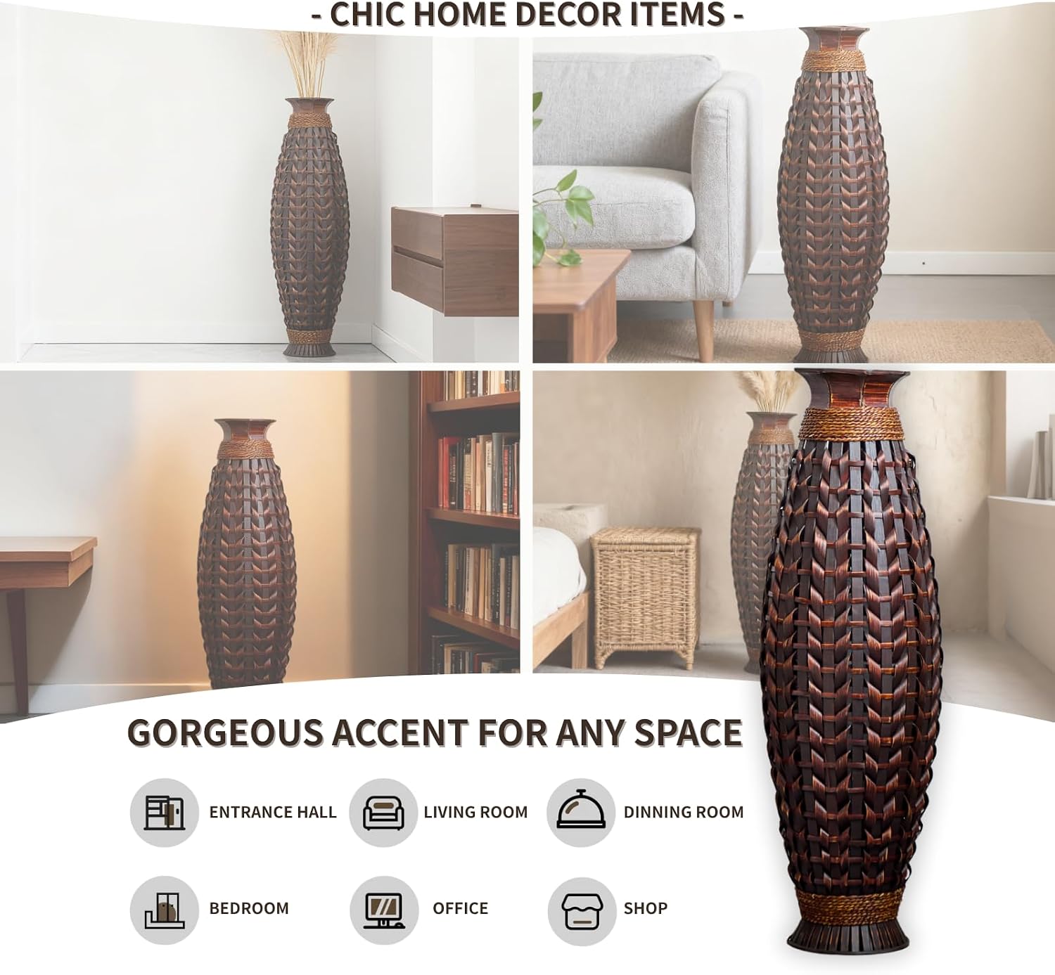 39-Inch Large Handwoven Rattan Floor Vase, Bamboo Weave Tall Vase for Dried Flowers, Boho Chic Home Decor for Living Room, Bedroom, Entryway