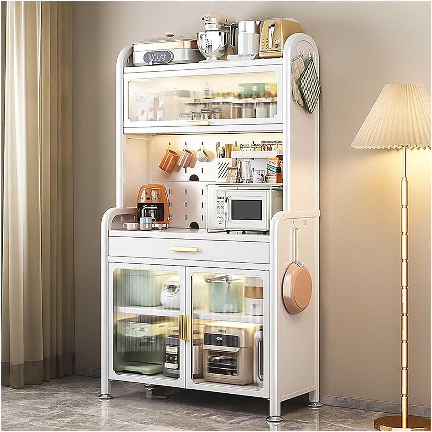 Adjustable 5-Tier White Baker's Rack with Drawer - Kitchen Storage Cabinet Microwave Stand - Large Capacity Shelving Unit for Kitchen Nization Space Saving,White,35.4In/90cm