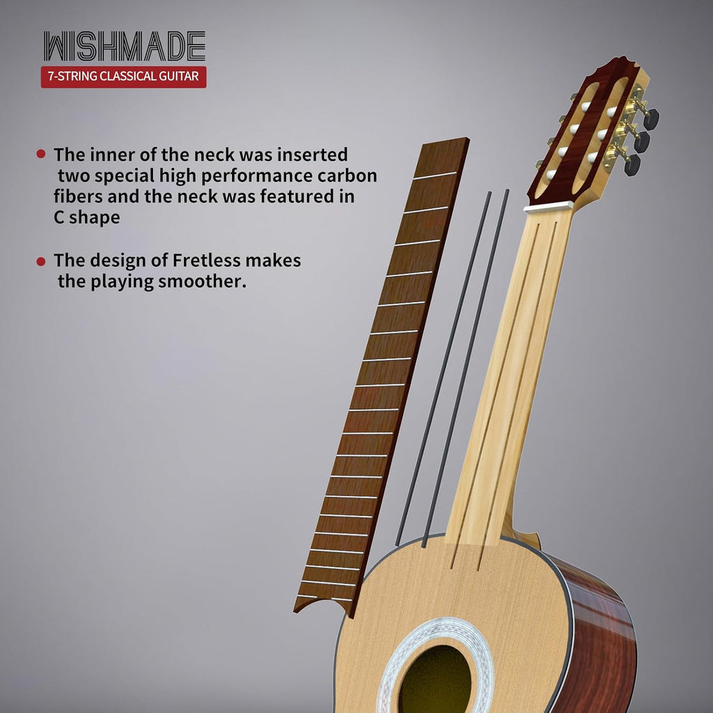 WishMade 7 String Acoustic Classical Guitar Full Size Nylon String Guitars for Adults with Gig Bag