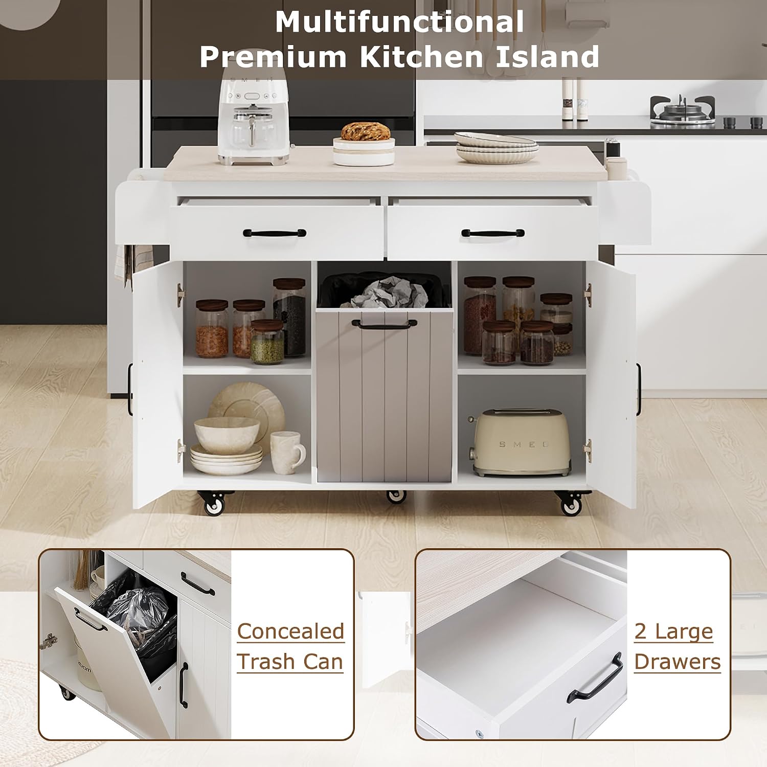Rolling Kitchen Island Carton Wheels with Trash Can Storage Cabinet, Drop Leaf, Spice Rack, Towel Rack, Drawer, Adjustable Shelf for Dining Room Kitchens White