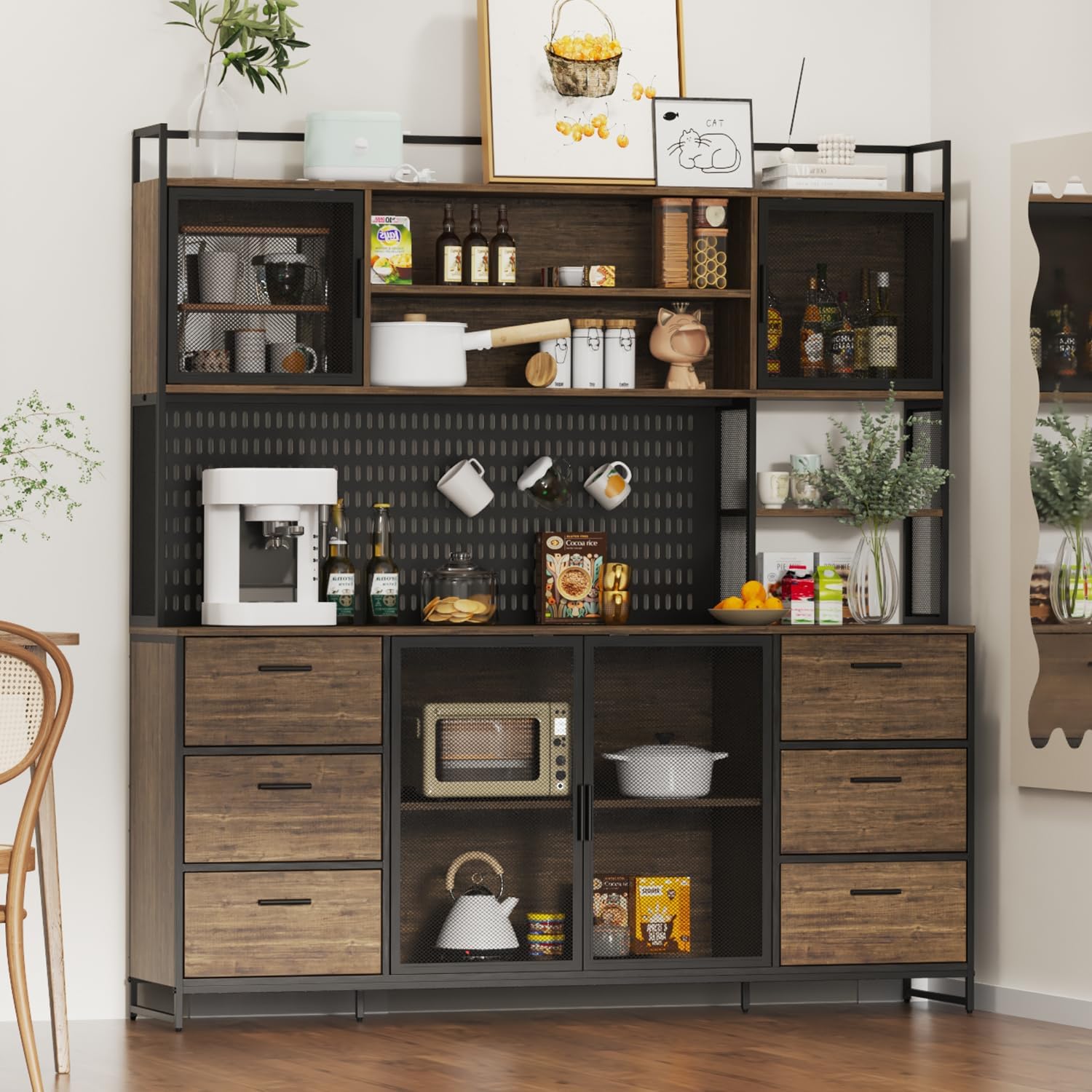 ECACAD 70.9' L Sideboard Buffet Storage Cabinet with Hutch, Pegboard, 4 Metal Mesh Doors, 6 Drawers & Shelves, Kitchen Pantry Cupboard for Living Room, Dining Room, Black & Rustic Brown