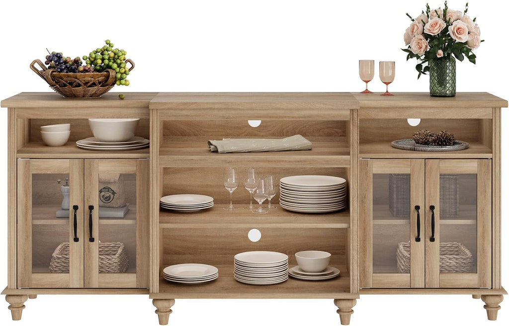 WAMAPT Buffet Cabinet with 4 Glass Doors, Large Coffee Bar Tables Wood Kitchen Storage Cabinets with 9 Storages, Modern Farmhouse Sideboard Credenza, Oak, 70 inch