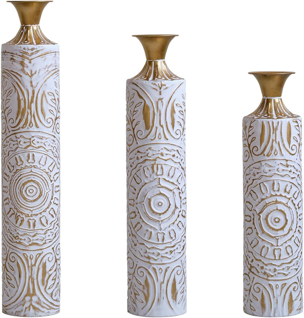 Gorgeous Set of 3 White & Gold Metal Vases - Stylish Floor Decoration, 24in/28.7in/33.5in Tall for Elegant Home Décor!