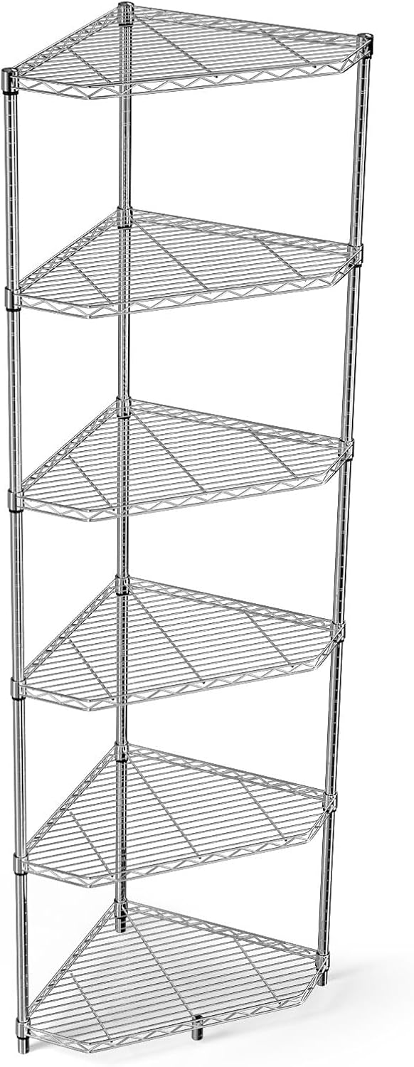 Silver Corner Storage Rack, 6 Tier Metal Corner Shelf Wire Shelving Unit, 600lbs Capacity, NSF, Adjustable Height, Leveling Feet and Liners, Ideal for Bathroom, Kitchen, 72'H x 20'L x 20'W, Pentagonal