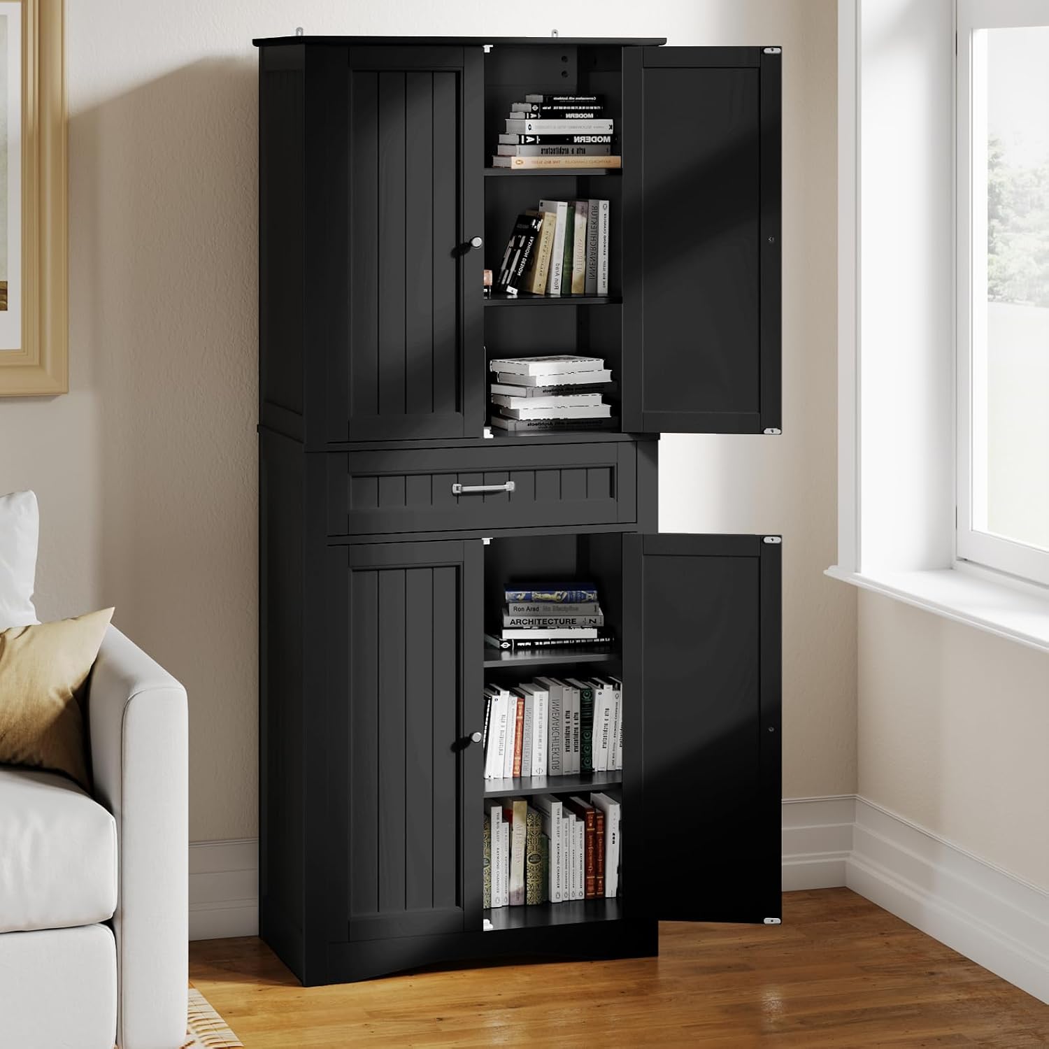 Gizoon 71'' Kitchen Pantry Storage Cabinet, Freestanding Pantry Organizers and Storage Cabinet with 4 Doors and 4 Adjustable Shelves, Tall Cabinet with Large Drawer for Kitchen, Living Room, Bathroom