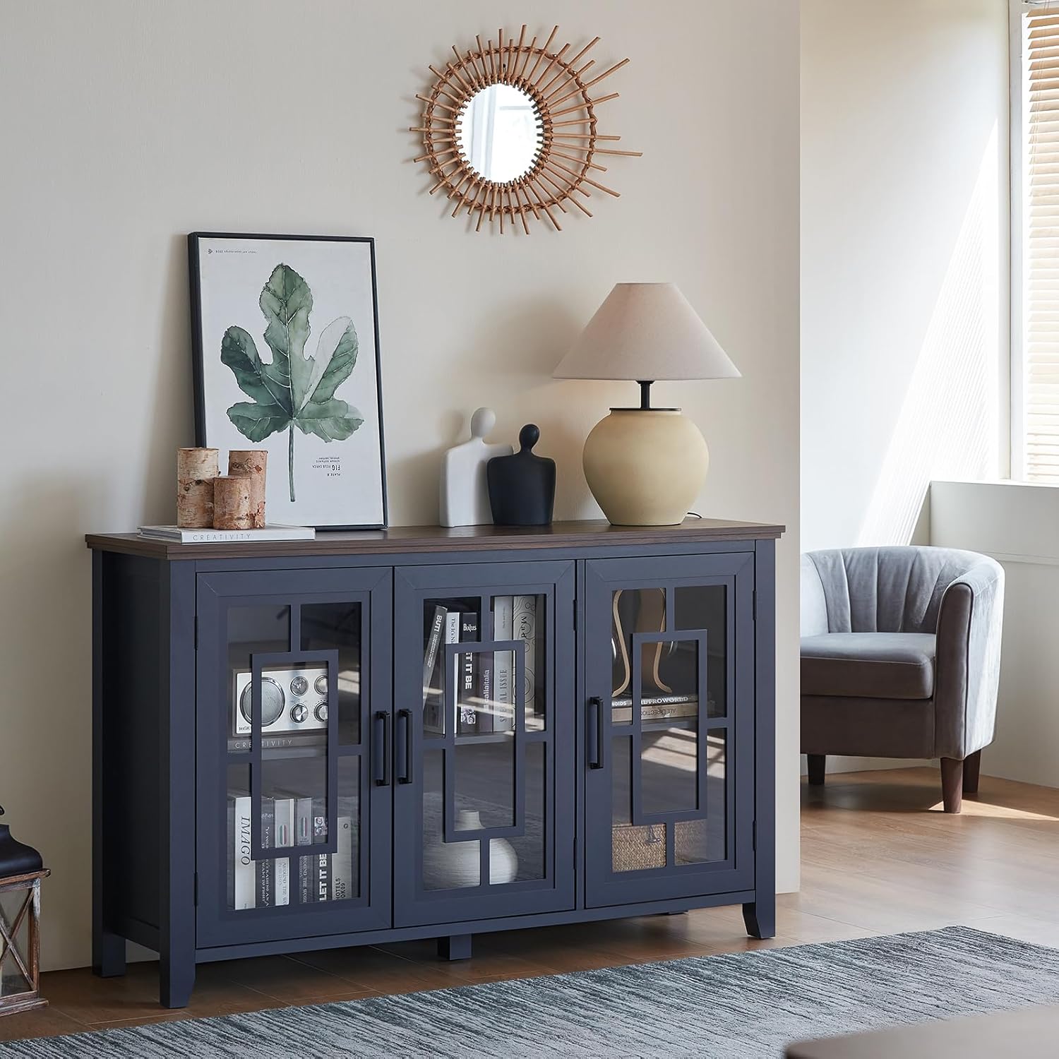 Joaxswe Large Sideboard Buffet Cabinet with Storage, 55' Farmhouse Kitchen Coffee Wine Bar Cabinet with 3 Glass Doors, Wood Mid Century Modern Side Board Table for Dining Room, Living Room,Navy Blue