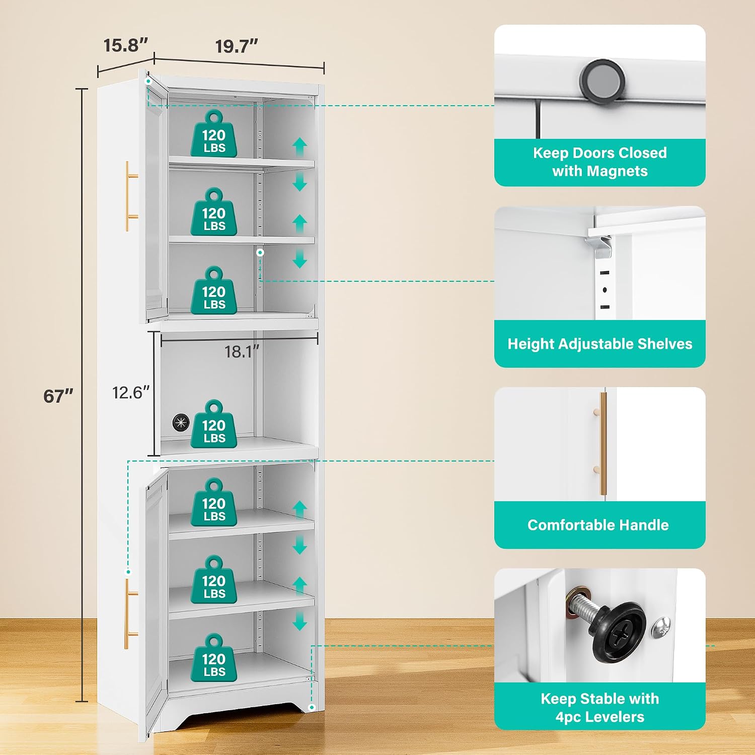 SISESOL 67' Tall Narrow Storage Cabinet with 2 Door and 7 Shelves,Slim Kitchen Pantry Cabinet,White Metal Bathroom Cabinets,Large Cupboard for Home,Kitchen,Laundry,Bathroom