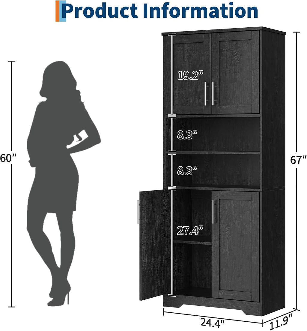 IDEALHOUSE 67' H Tall Storage Cabinet, Freestanding Bathroom Cabinet with 4 Doors and Adjustable Shelves,Modren Cupboard for Kitchen, Pantry, Living Room, Black