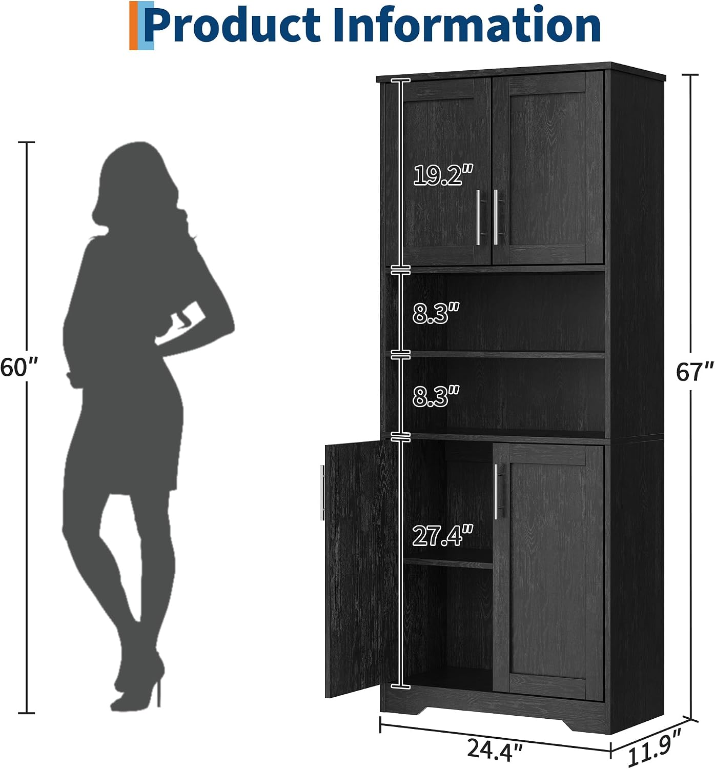 IDEALHOUSE 67' H Tall Storage Cabinet, Freestanding Bathroom Cabinet with 4 Doors and Adjustable Shelves,Modren Cupboard for Kitchen, Pantry, Living Room, Black