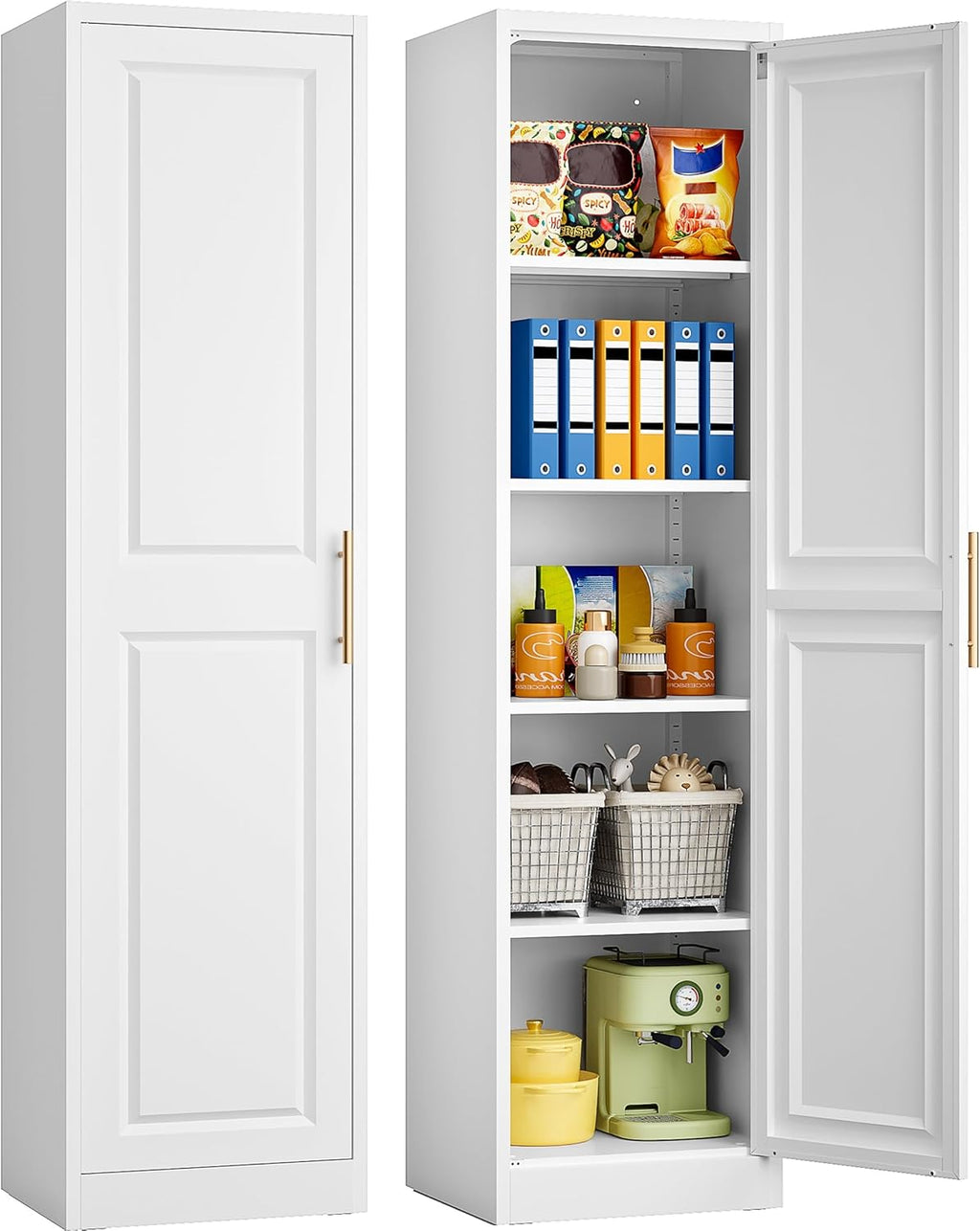 SISESOL 71' Tall Narrow Storage Cabinet with 1 Door and 5 Shelves,Slim Kitchen Pantry Cabinet,White Metal Bathroom Cabinets,Large Cupboard for Home,Kitchen,Laundry,Bathroom