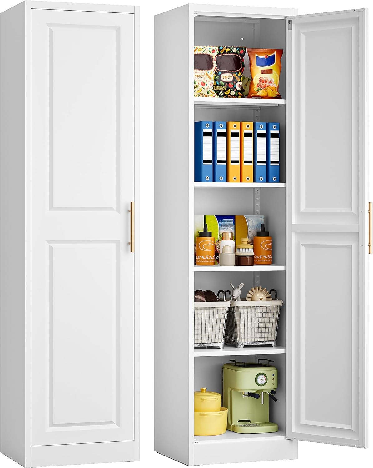 SISESOL 71' Tall Narrow Storage Cabinet with 1 Door and 5 Shelves,Slim Kitchen Pantry Cabinet,White Metal Bathroom Cabinets,Large Cupboard for Home,Kitchen,Laundry,Bathroom